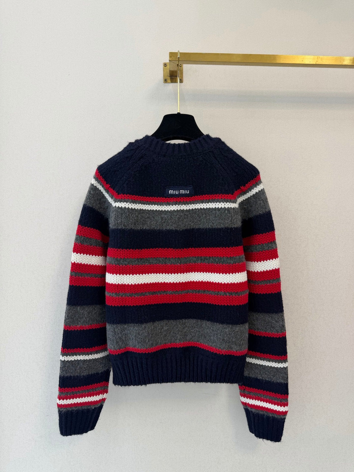 Miu Miu 26s Striped Knit Cardigan Navy Blue Alpaca Silk Wool 451041