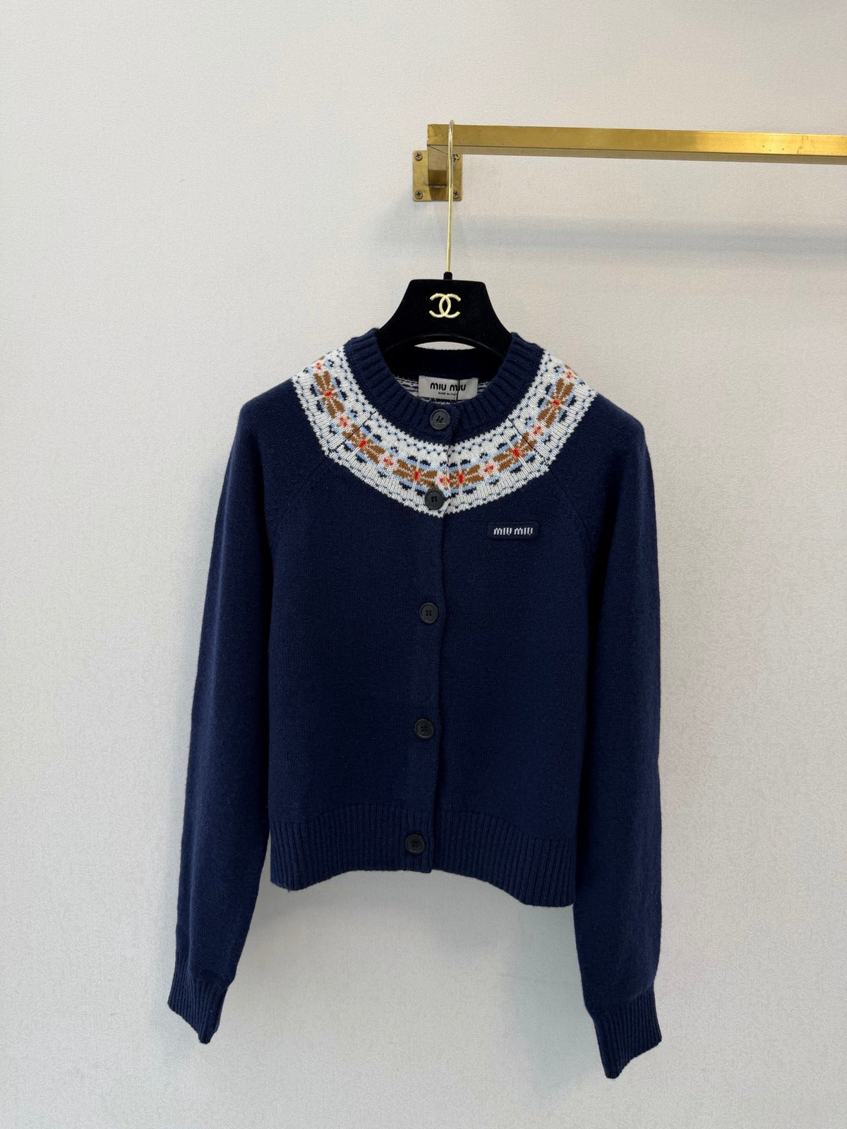 Miu Miu 26s Fair Isle Knit Cardigan Navy Blue Virgin Wool 451043