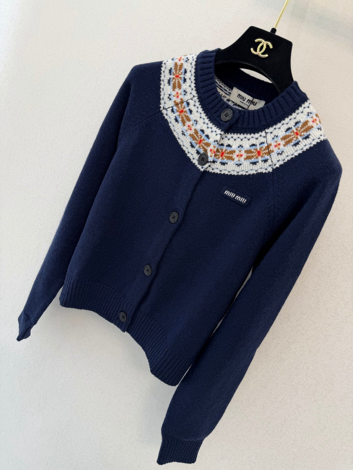 Miu Miu 26s Fair Isle Knit Cardigan Navy Blue Virgin Wool 451043