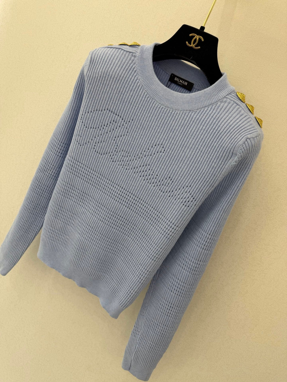 Balmain 26s Signature Ribbed Knit Sweater Light Blue 451025