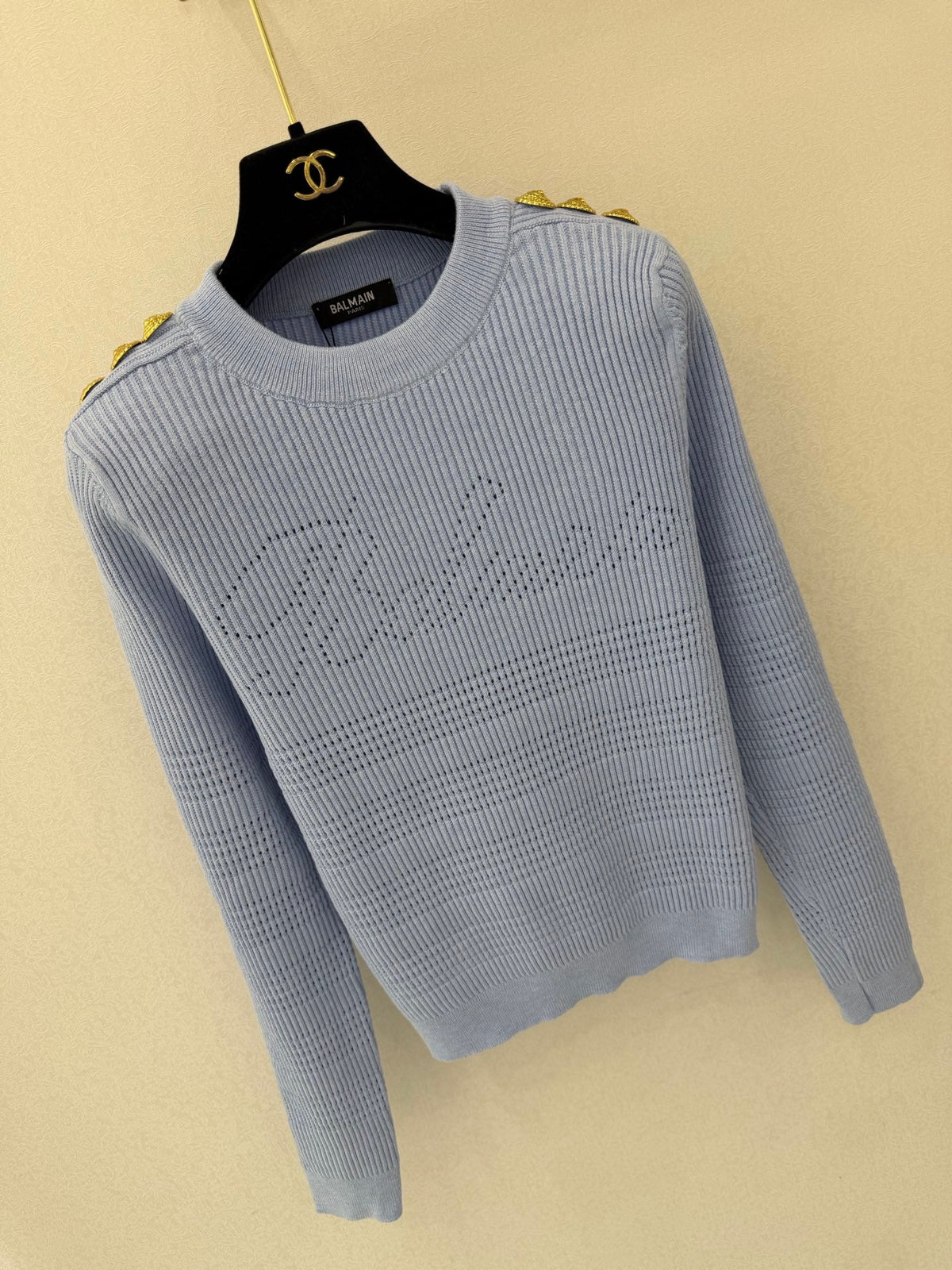 Balmain 26s Signature Ribbed Knit Sweater Light Blue 451025
