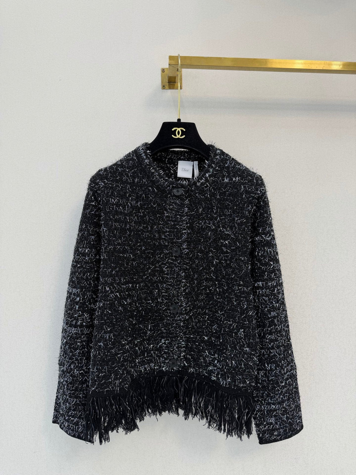 Dior 26s Fringe Textured Cardigan Black Wool 451010