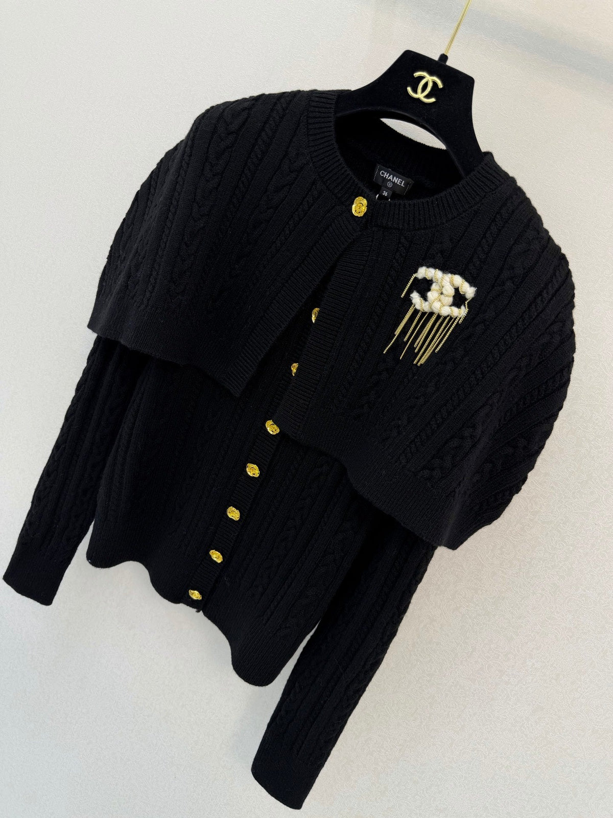 Chanel 26s Cape Detail Cable Knit Cardigan Black 450975