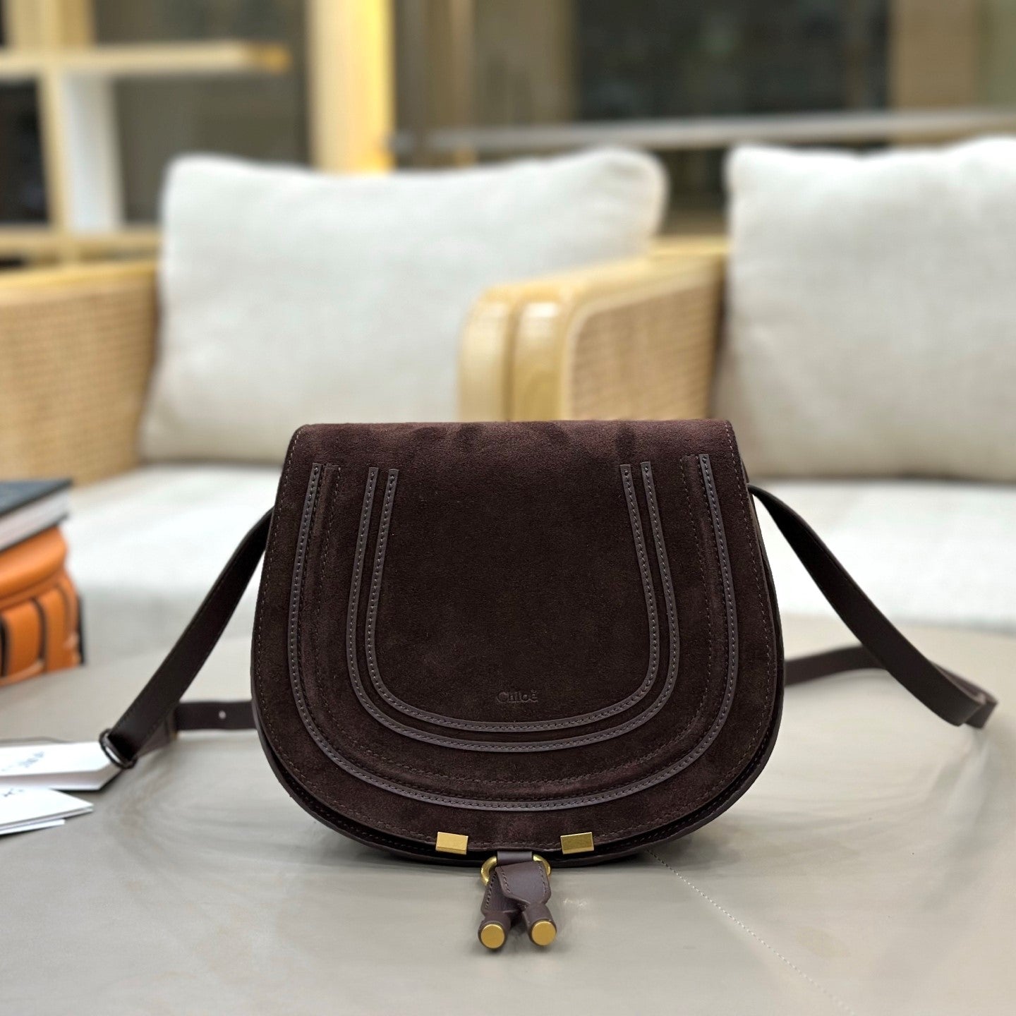 Chloe Marcie Saddle Bag Brown- Red Suede 281239