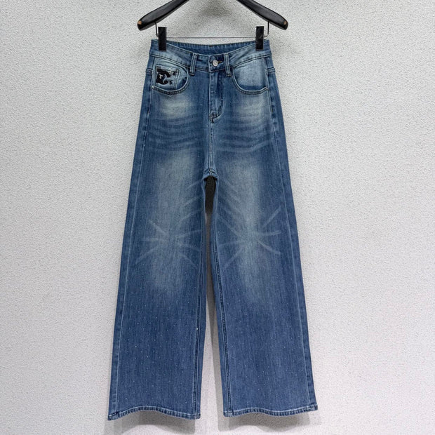 Chanel 2026 Rhinestone Straight Leg Jeans Blue Cotton 108410