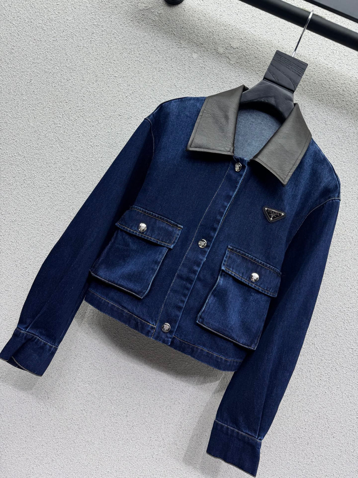 Prada 26s Collar Cropped Denim Jacket Blue Cotton 426940