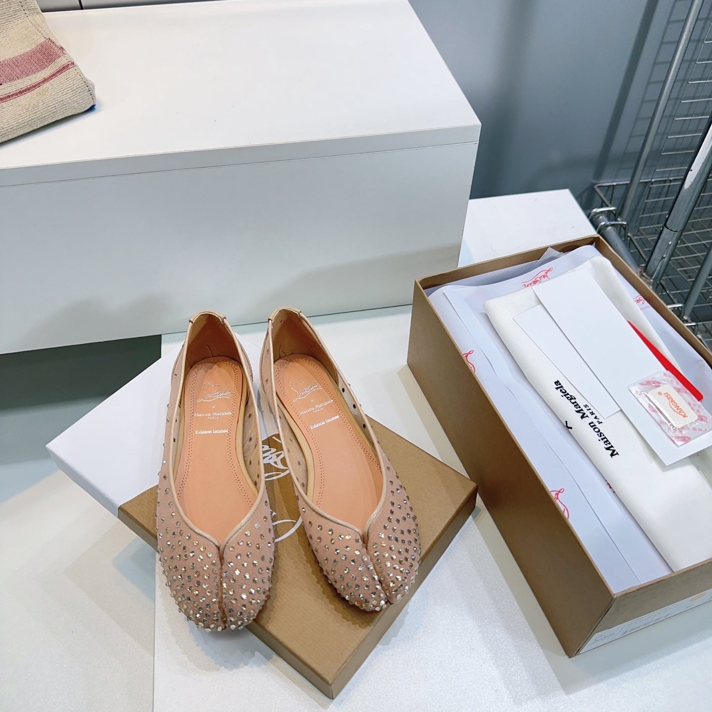 CL x Maison Margiela Ballerina Flats Beige Mesh Sliver Leather 639691