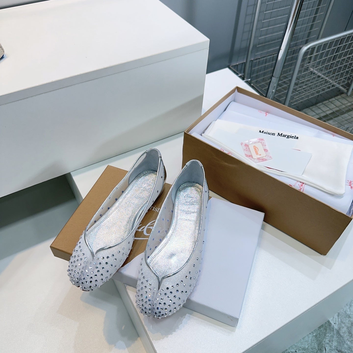 CL x Maison Margiela Ballerina Flats White Mesh Sliver Leather