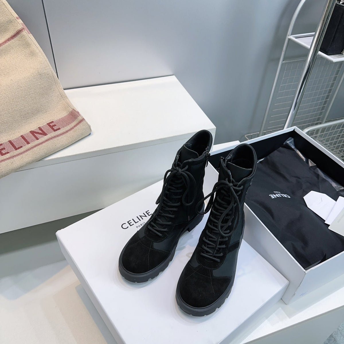 Celine 26s Triomphe Lace-Up Combat Boots Black Suede Leather 107299