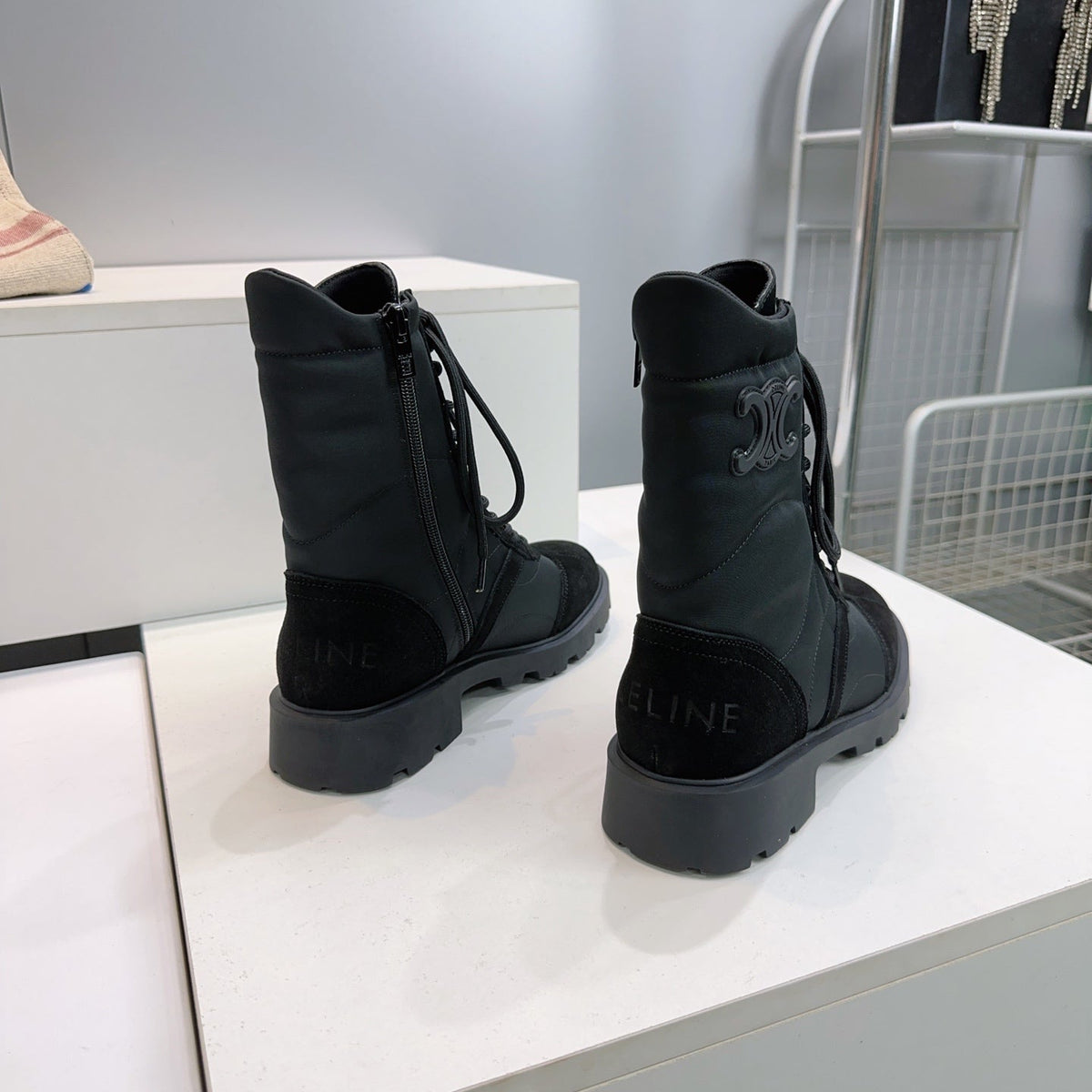 Celine 26s Triomphe Lace-Up Combat Boots Black Suede Leather 107299