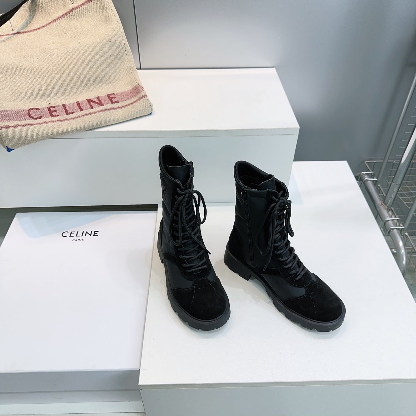 Celine 26s Triomphe Lace-Up Combat Boots Black Suede Leather 107299