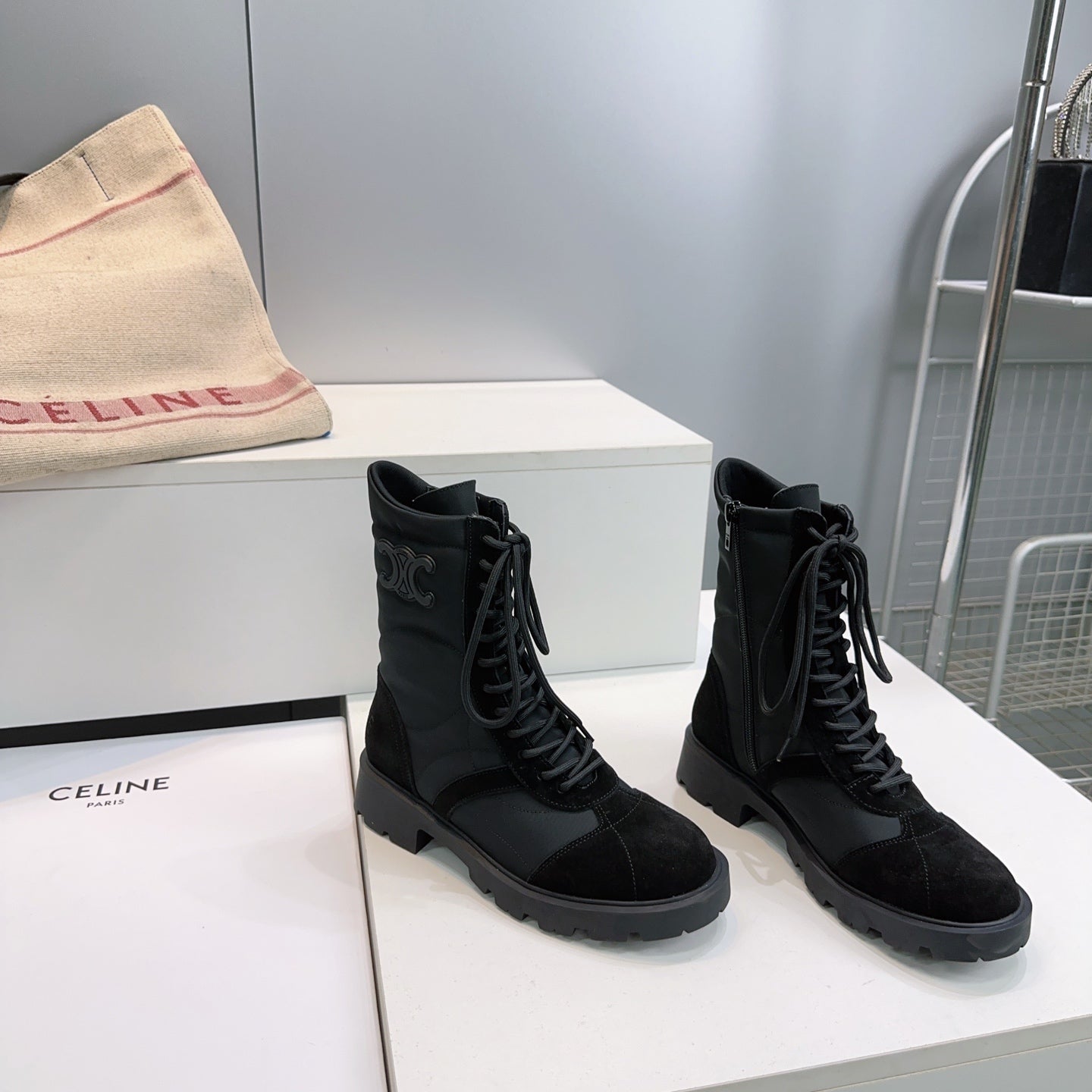 Celine 26s Triomphe Lace-Up Combat Boots Black Suede Leather 107299
