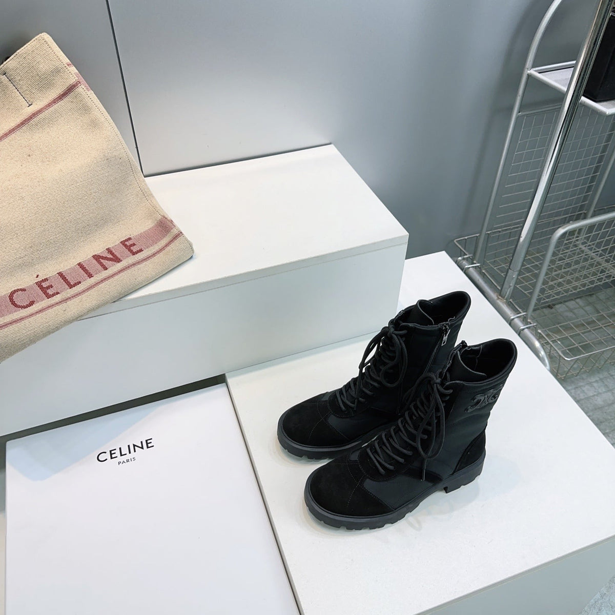 Celine 26s Triomphe Lace-Up Combat Boots Black Suede Leather 107299