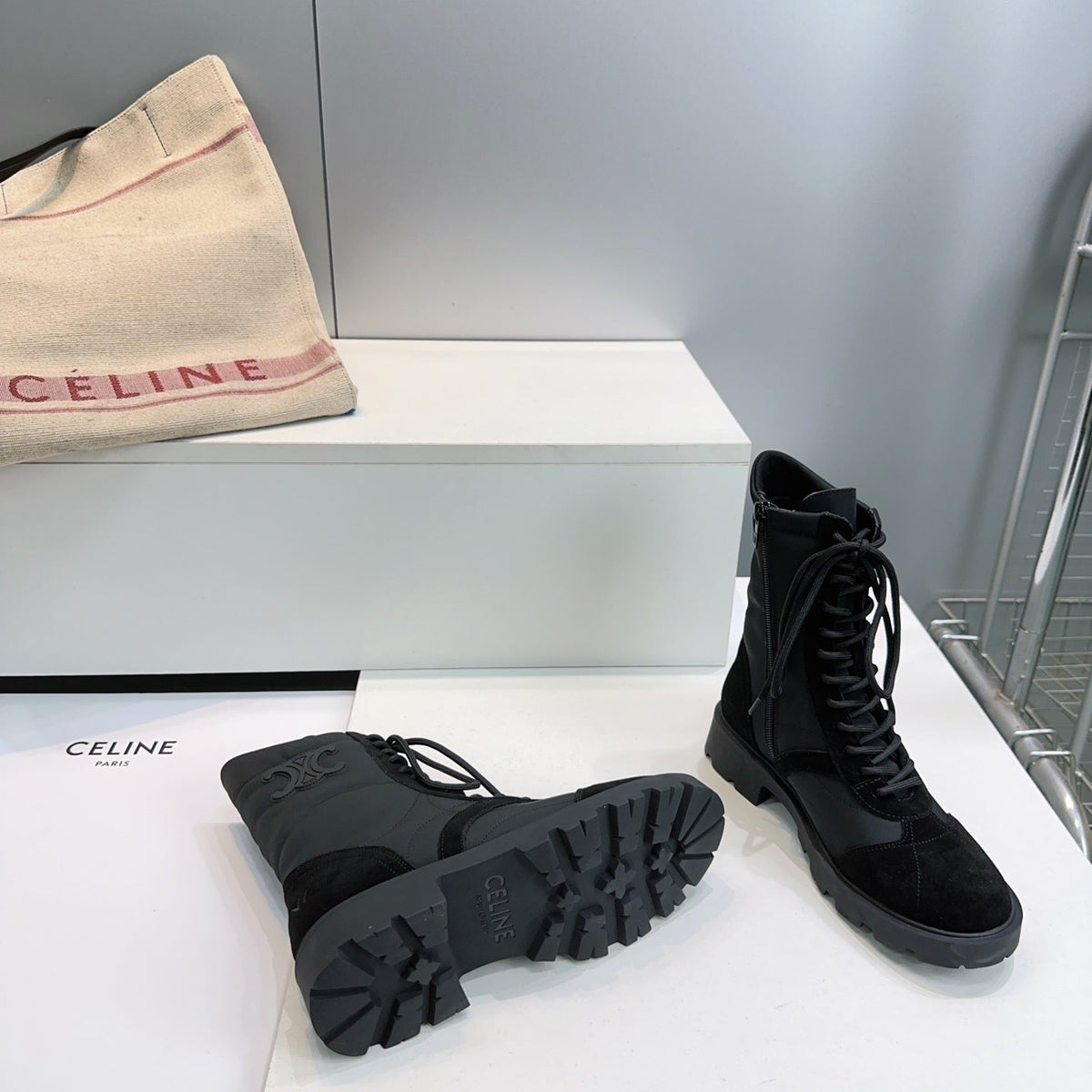 Celine 26s Triomphe Lace-Up Combat Boots Black Suede Leather 107299