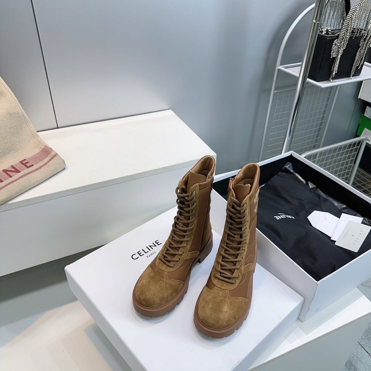 Celine 26s Triomphe Lace-Up Combat Boots Tan Suede Leather 107300