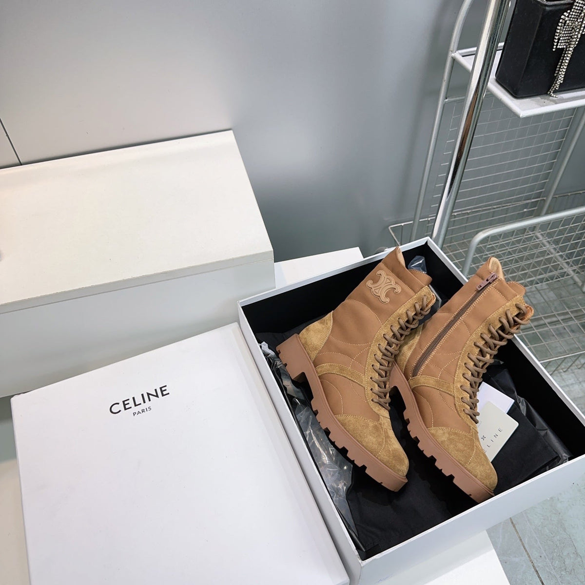 Celine 26s Triomphe Lace-Up Combat Boots Tan Suede Leather 107300