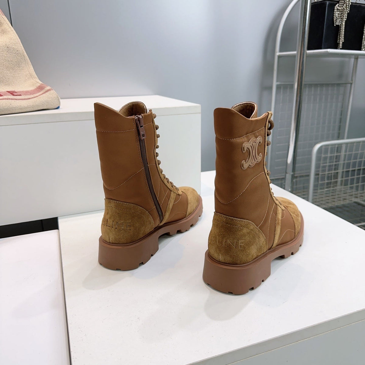 Celine 26s Triomphe Lace-Up Combat Boots Tan Suede Leather 107300