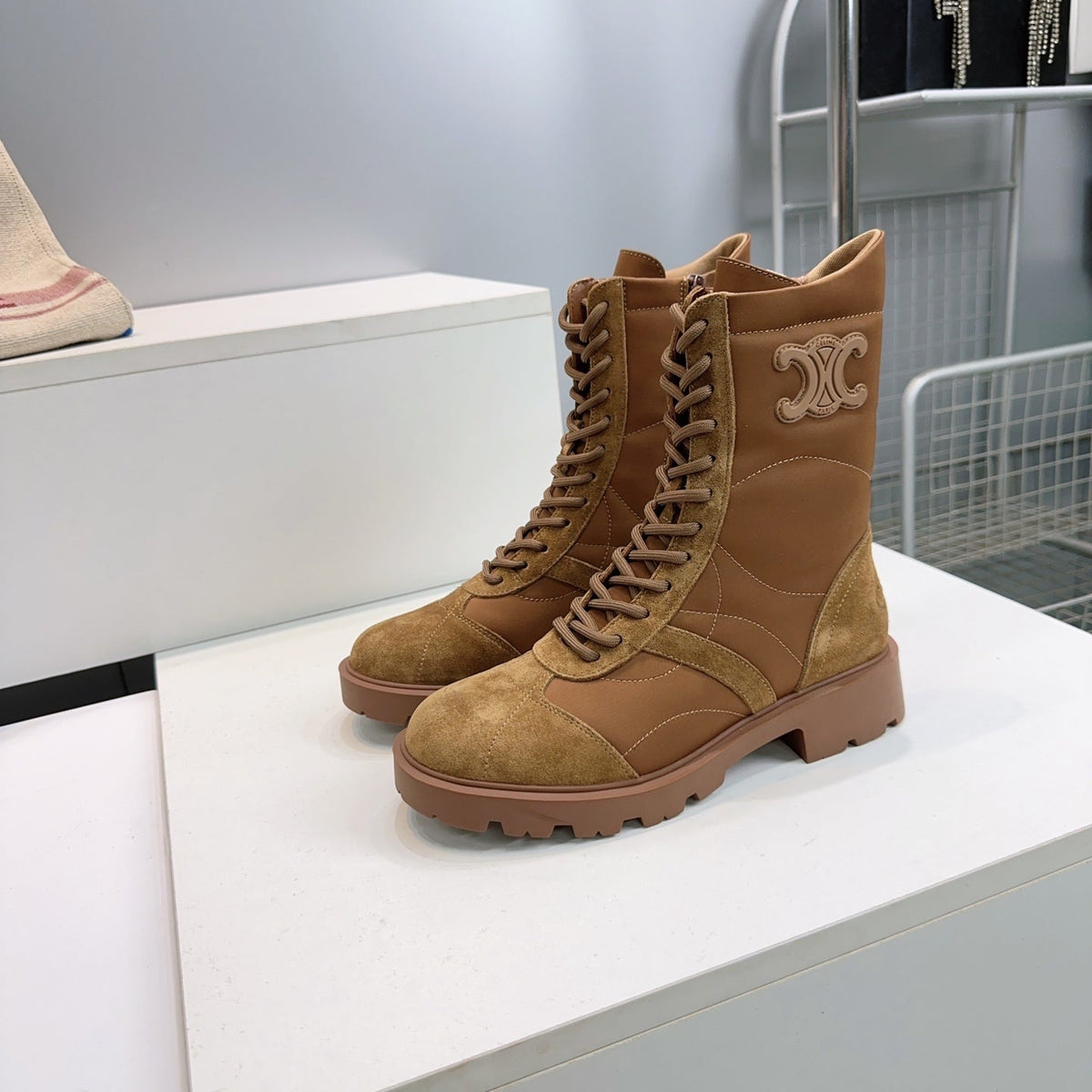 Celine 26s Triomphe Lace-Up Combat Boots Tan Suede Leather 107300