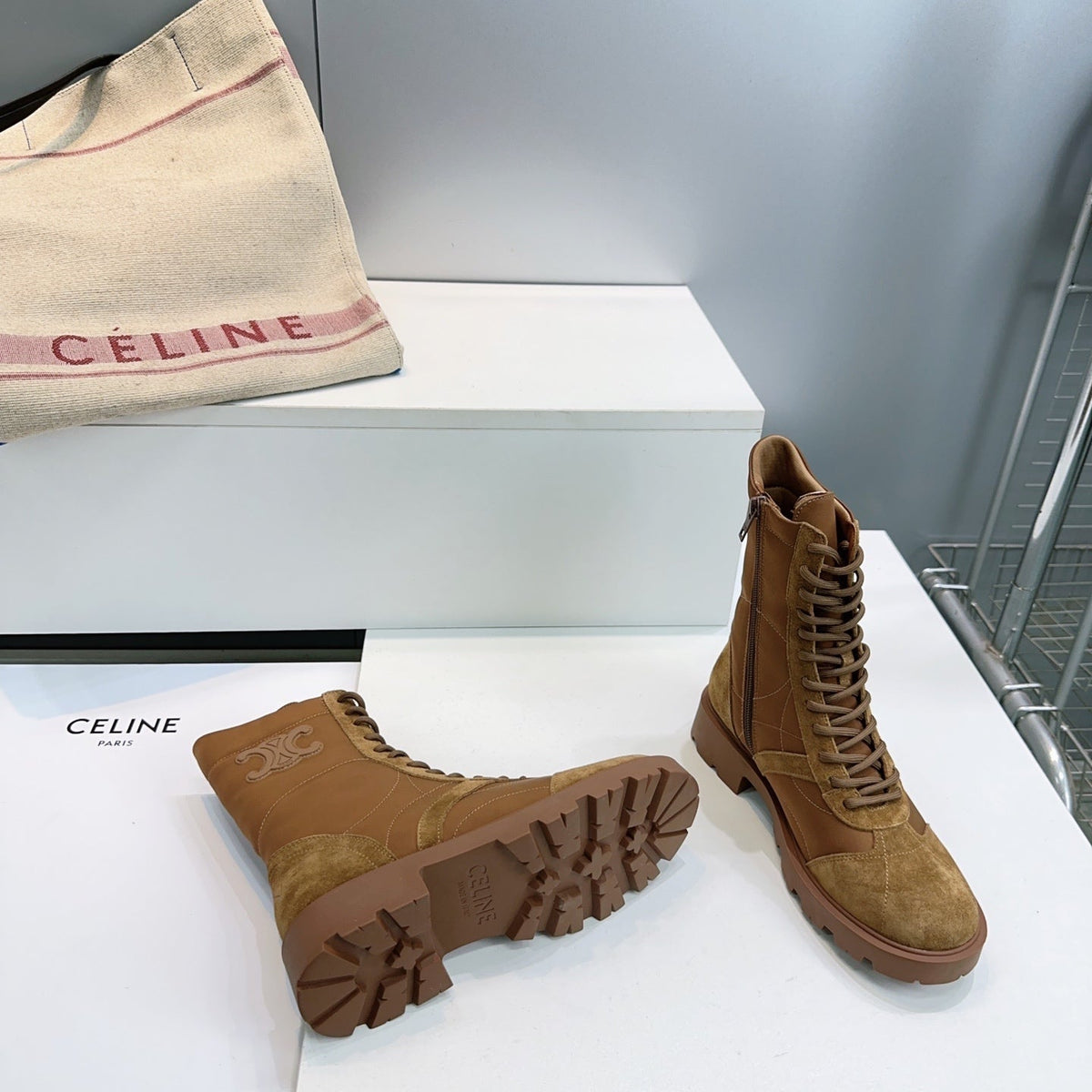 Celine 26s Triomphe Lace-Up Combat Boots Tan Suede Leather 107300