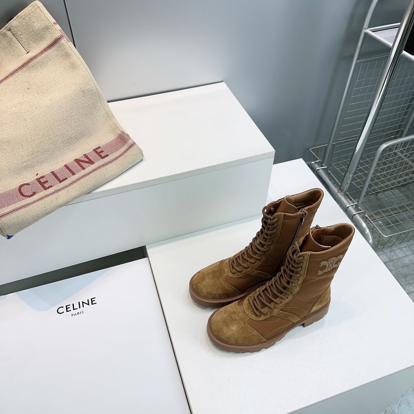 Celine 26s Triomphe Lace-Up Combat Boots Tan Suede Leather 107300