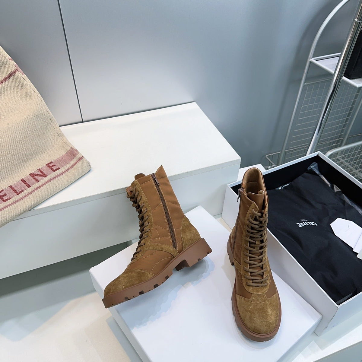 Celine 26s Triomphe Lace-Up Combat Boots Tan Suede Leather 107300