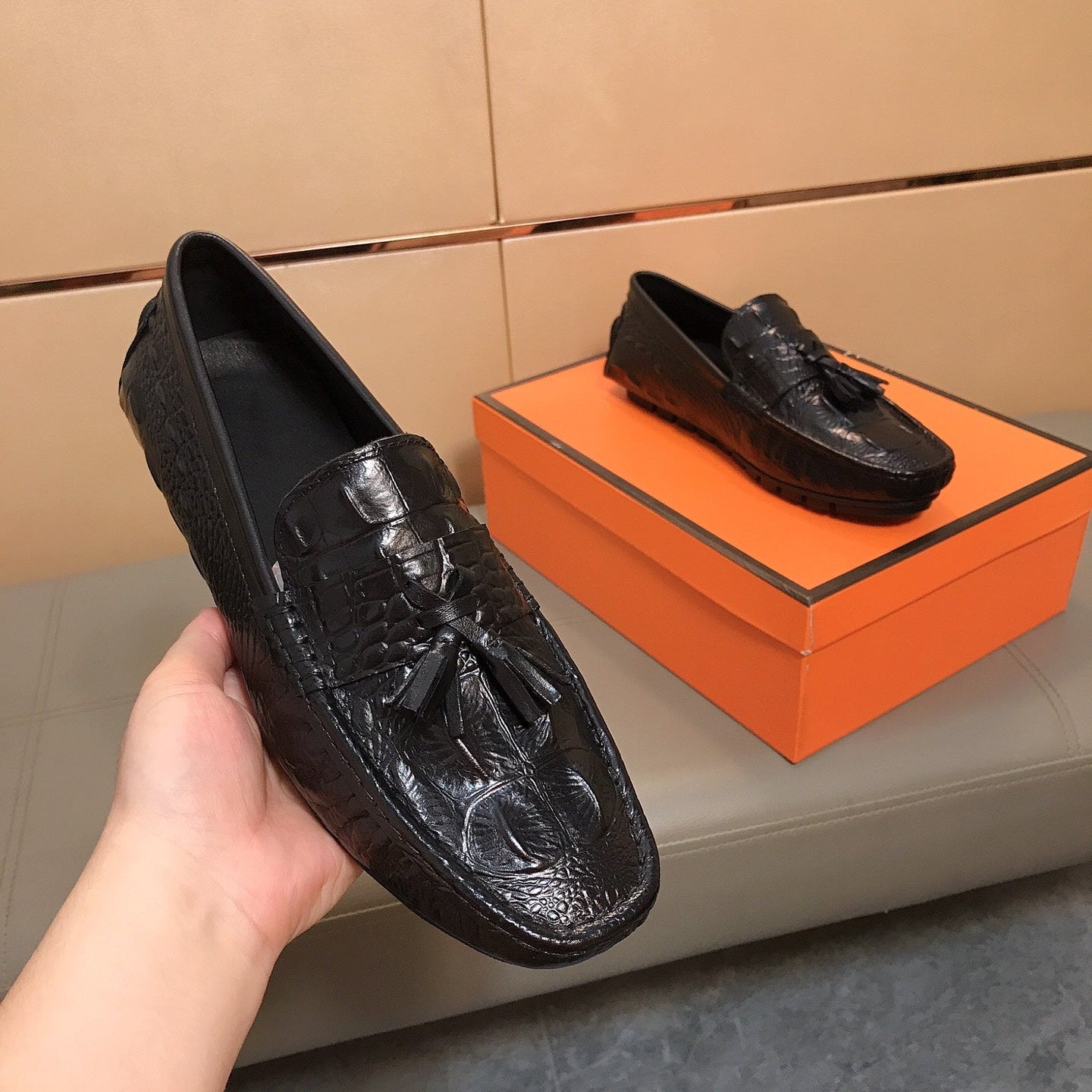 HM Men's Casual Loafers Black Crocodile-embossed Cowhide 892153