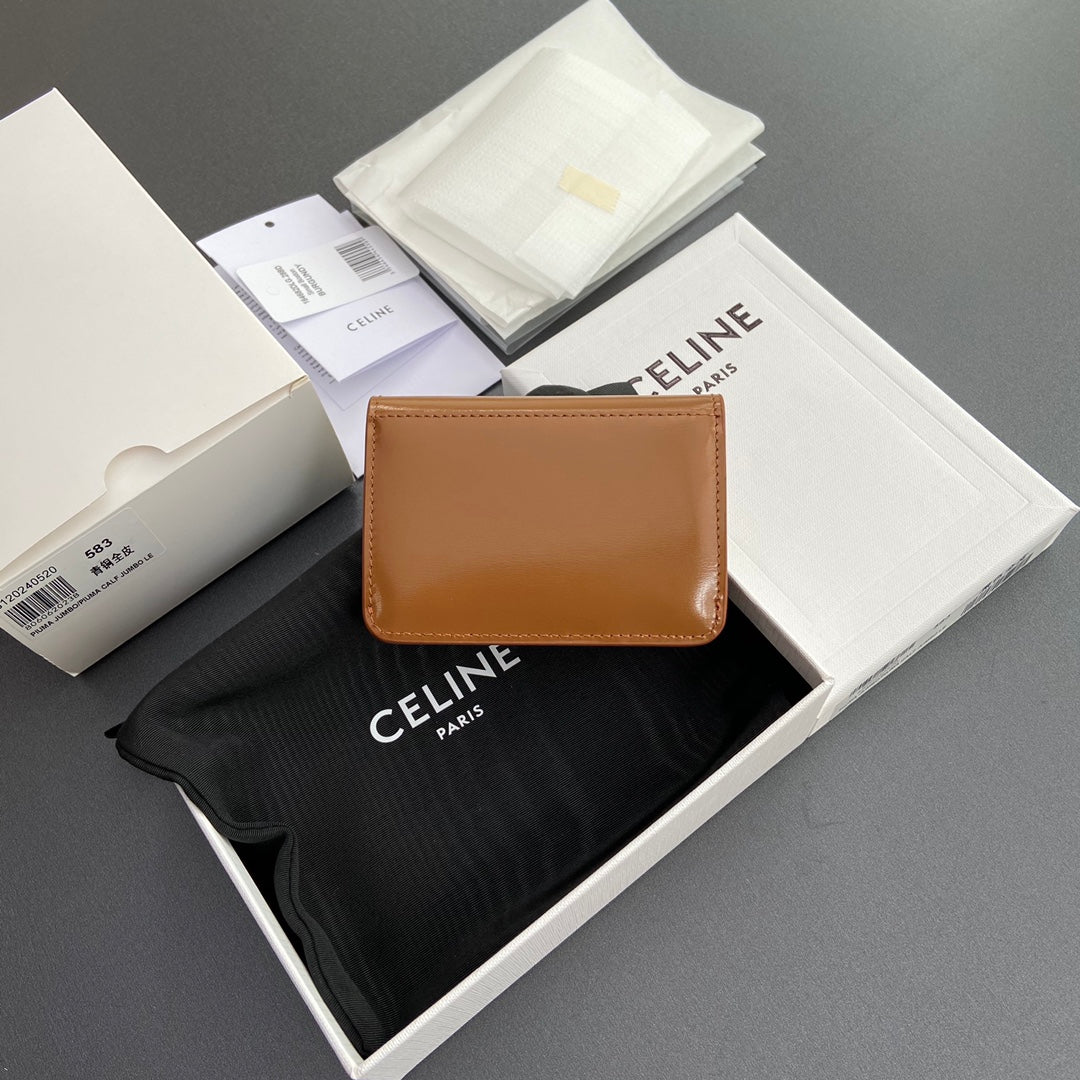 TRIOMPHE 10i583 Flap Card Holder Tan Shiny Cowhide