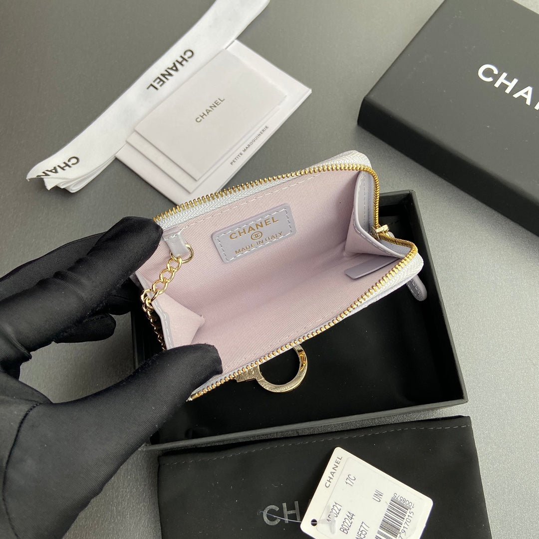 CC Hook & Chain Zipper Card Holder Light Purple Caviar GHW 234717