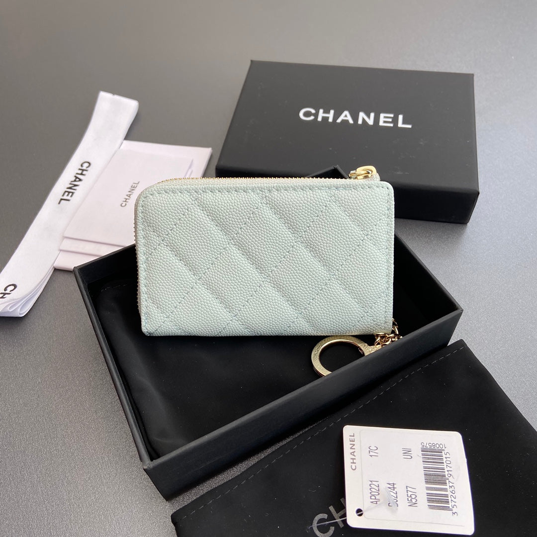 CC Hook & Chain Zipper Card Holder Light Blue Caviar GHW 234723