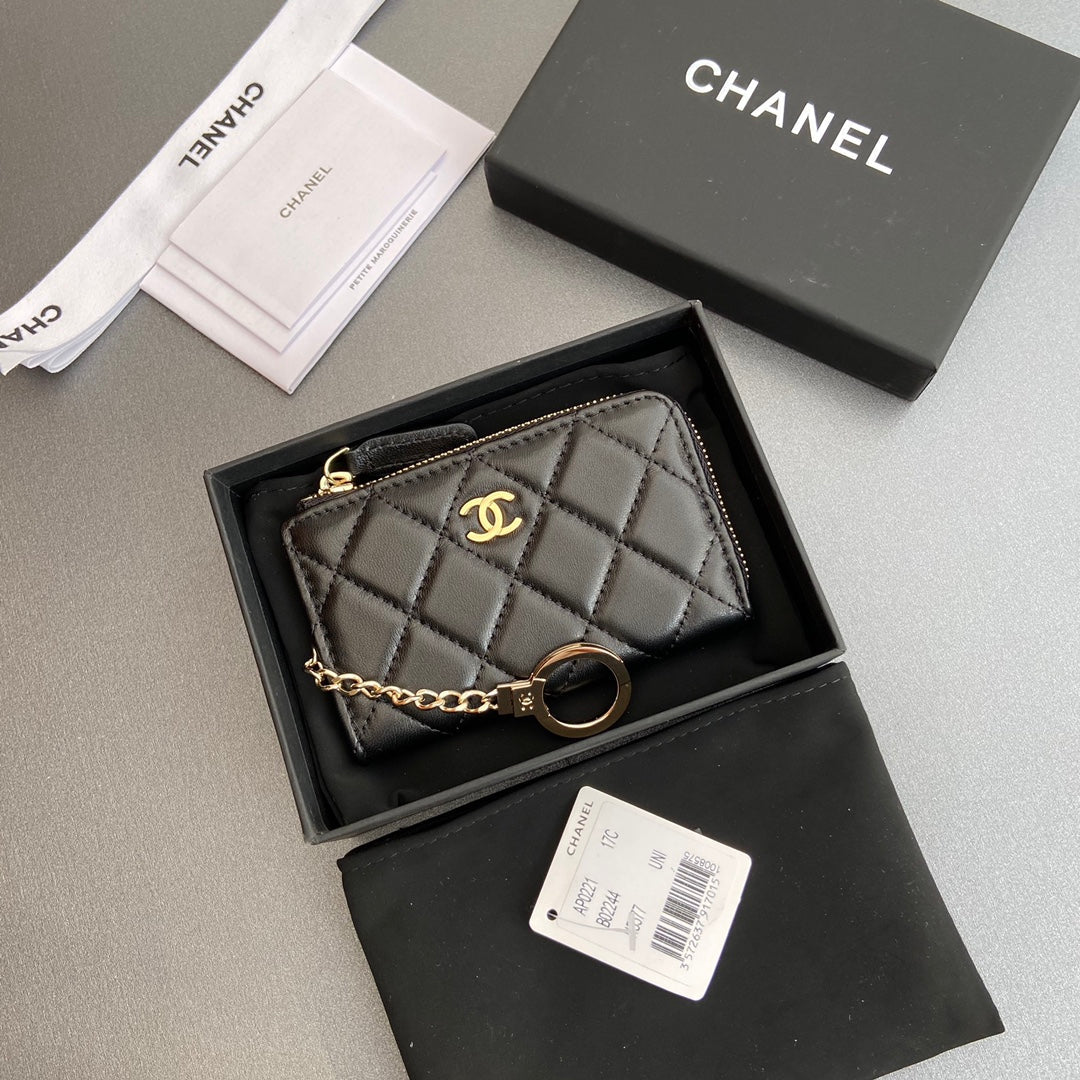 CC Hook & Chain Zipper Card Holder Black Sheepskin GHW 234737