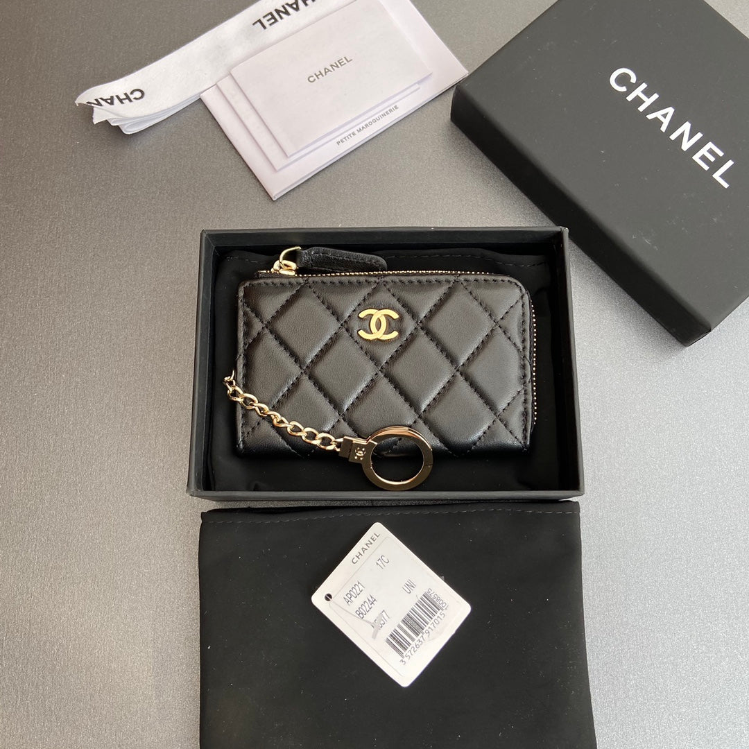 CC Hook & Chain Zipper Card Holder Black Sheepskin GHW 234737