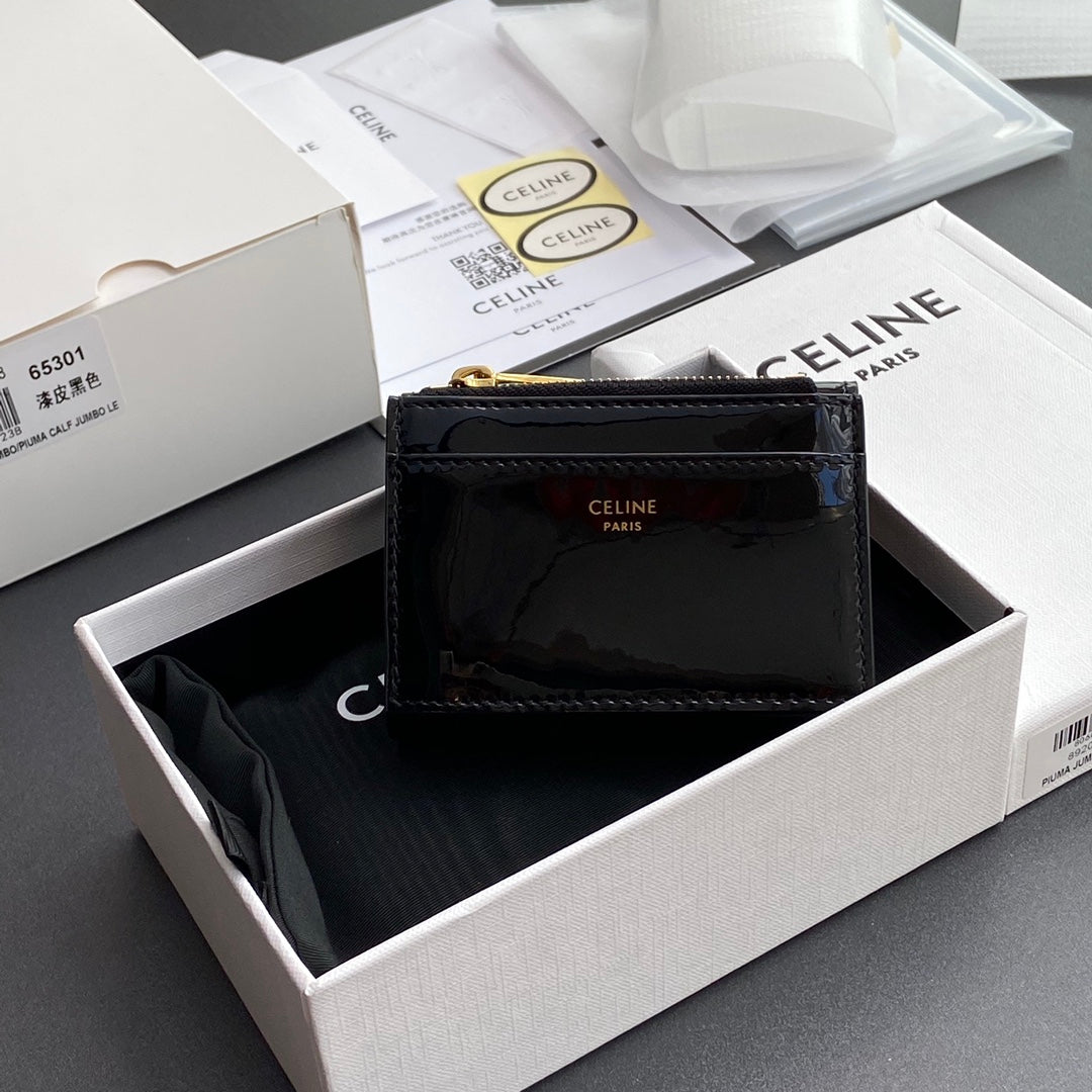 TRIOMPHE Compact Wallet With Coin Purse Black Patent Leather