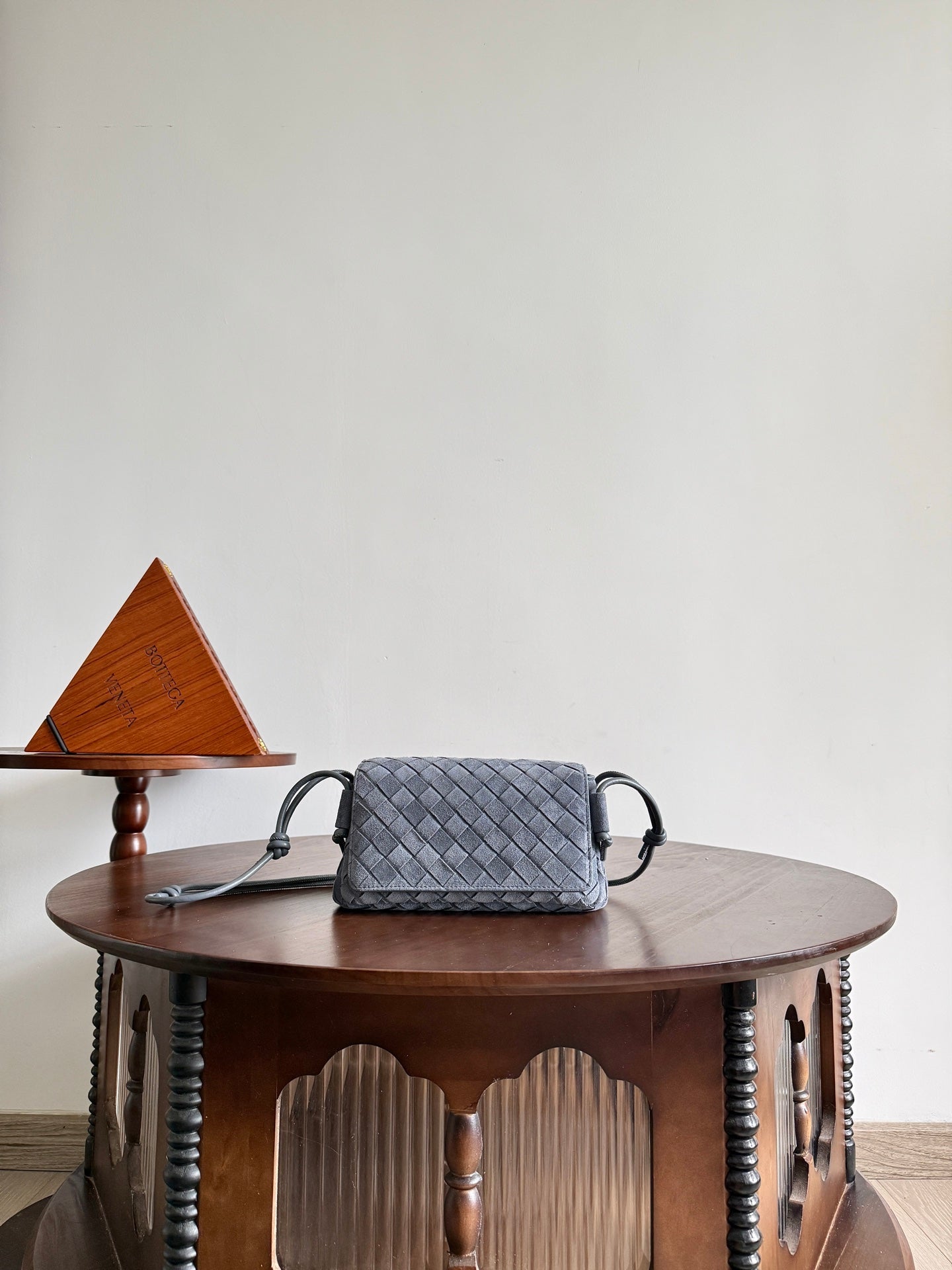 BV Notturno Flap Bag Grey Suede Intrecciato Leather