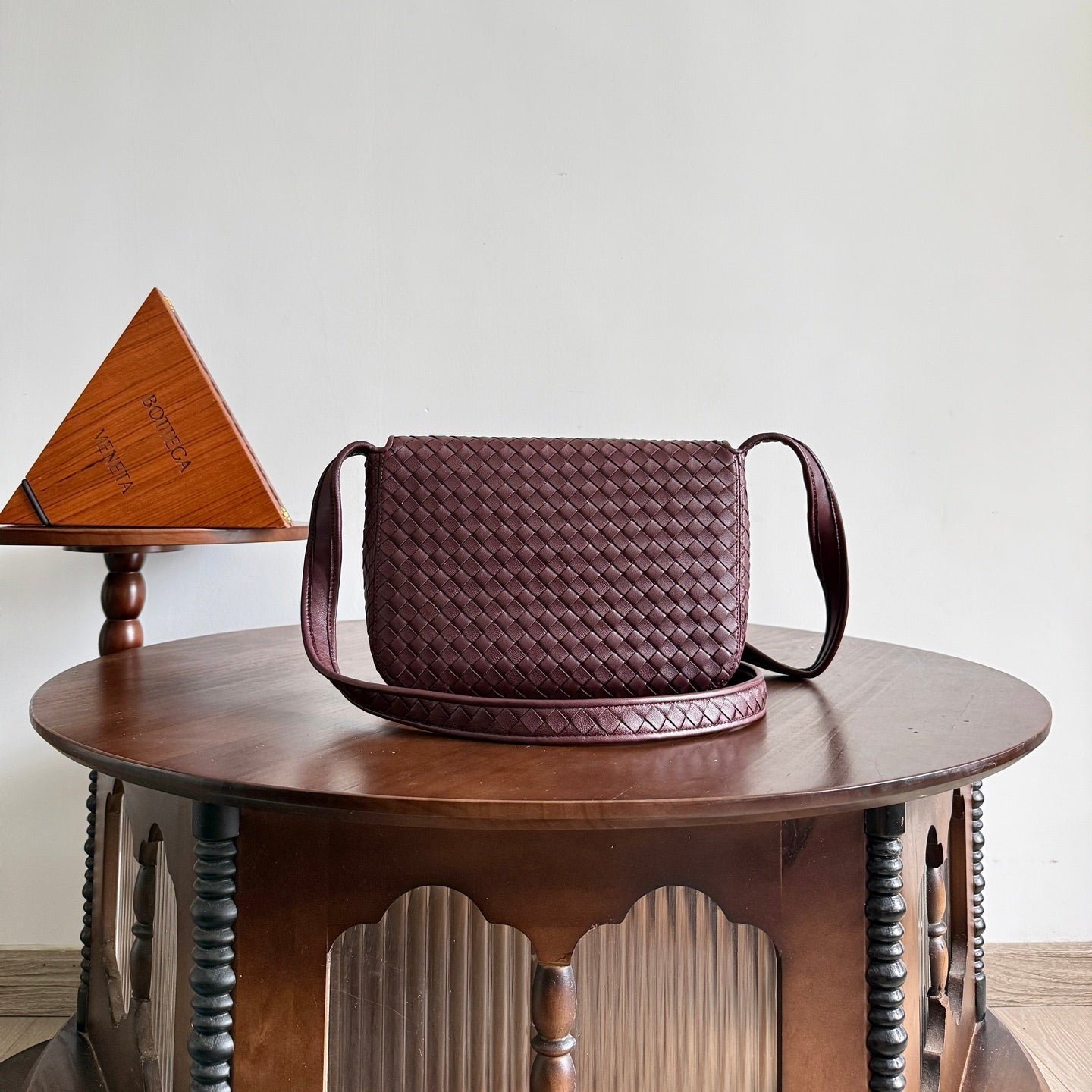 BV Veneto Flap Messenger Burgundy Intrecciato Leather