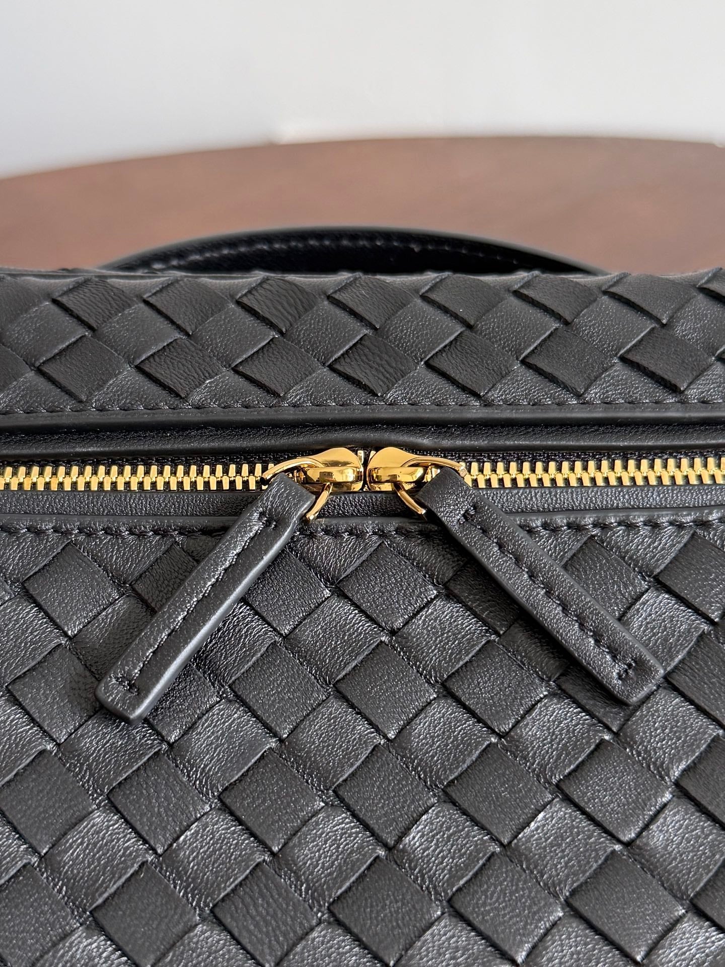BV Small Soft Vanity Bag Black Intrecciato Leather