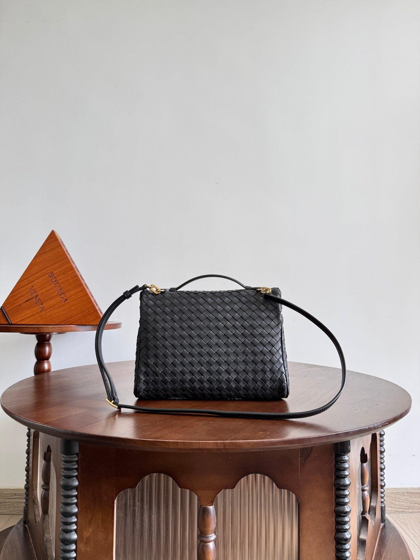 BV Small Soft Vanity Bag Black Intrecciato Leather