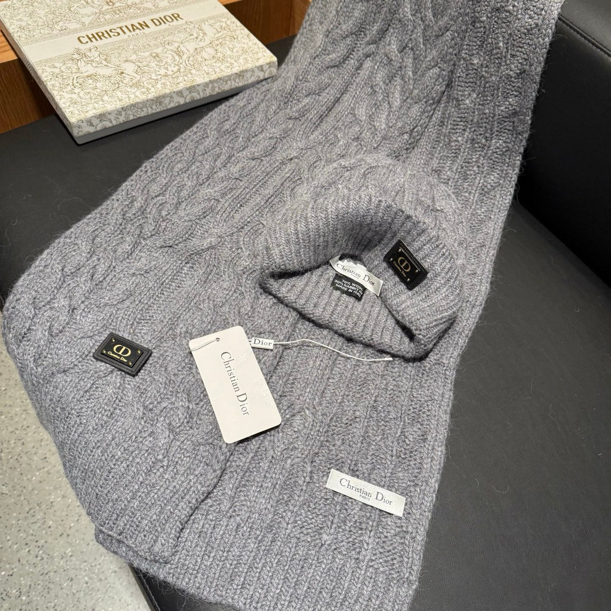 Dior Accessories Scarf and Beanie Set Grey Cable Knit 547657