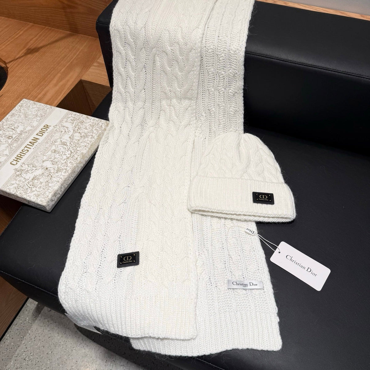 Dior Accessories Scarf and Beanie Set White Cable Knit 547658
