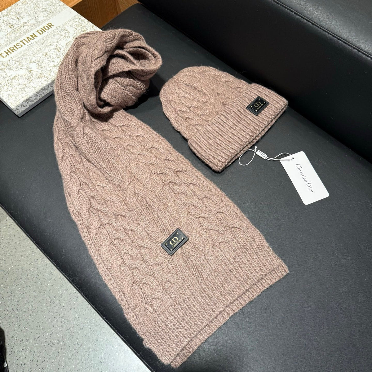 Dior Accessories Scarf and Beanie Set Beige Cable Knit 547659