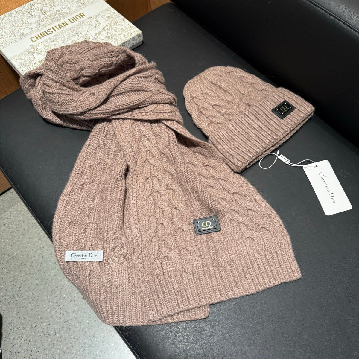 Dior Accessories Scarf and Beanie Set Beige Cable Knit 547659