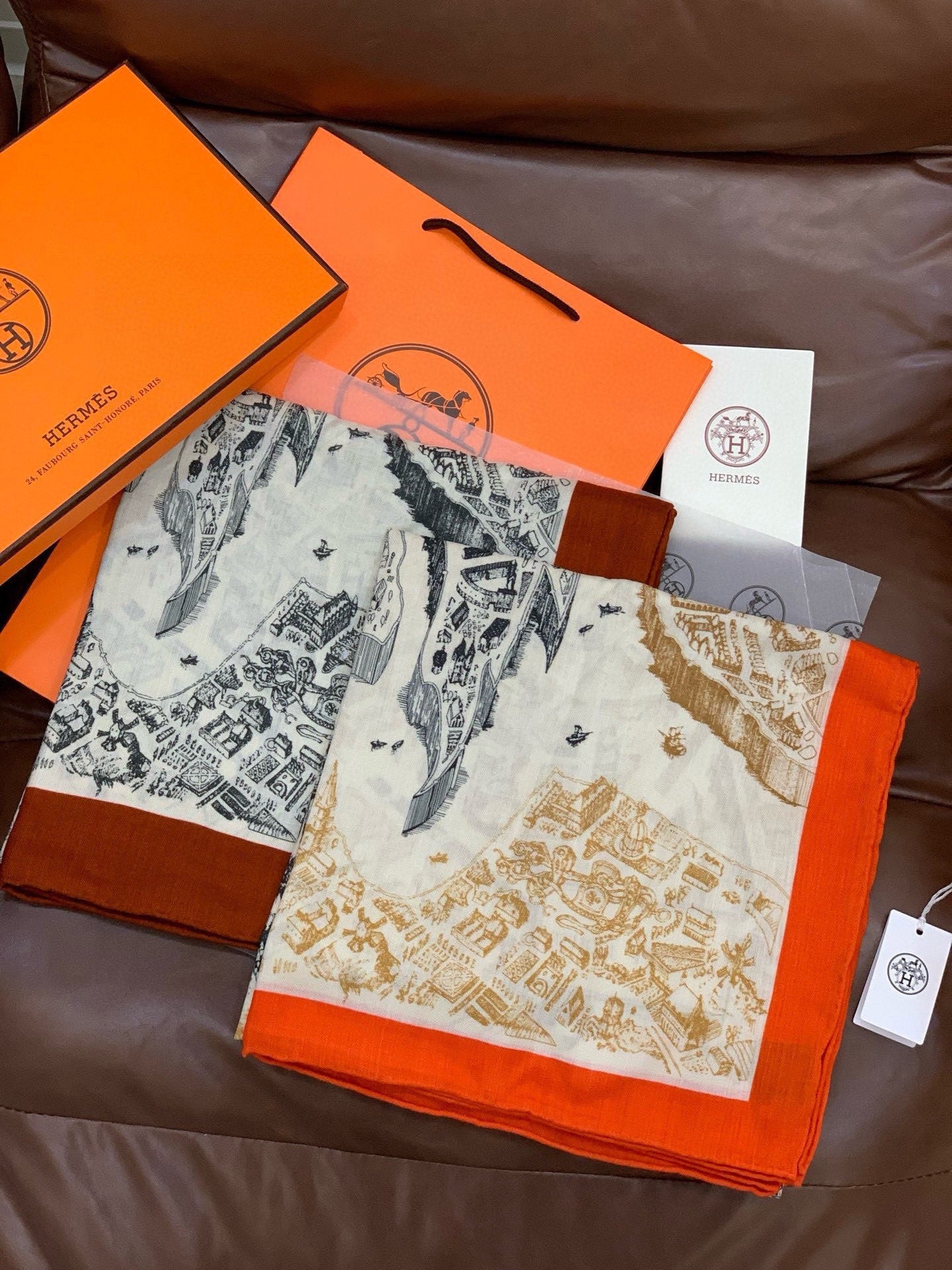 HM La Cité Cavalière shawl 140cm Orange Colorful Cashmere Silk