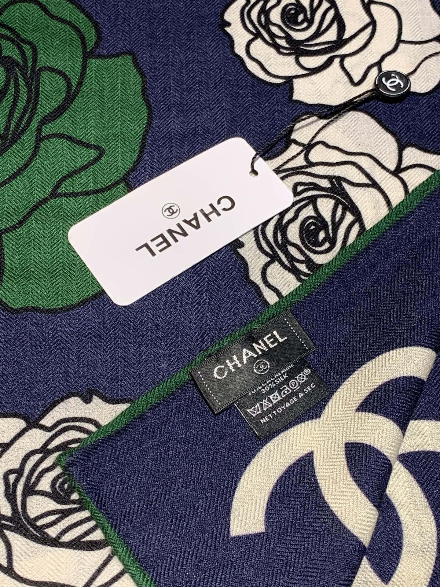 CC Camellia Scarf 140cm Navy Blue Colorful Cashmere Silk 168122
