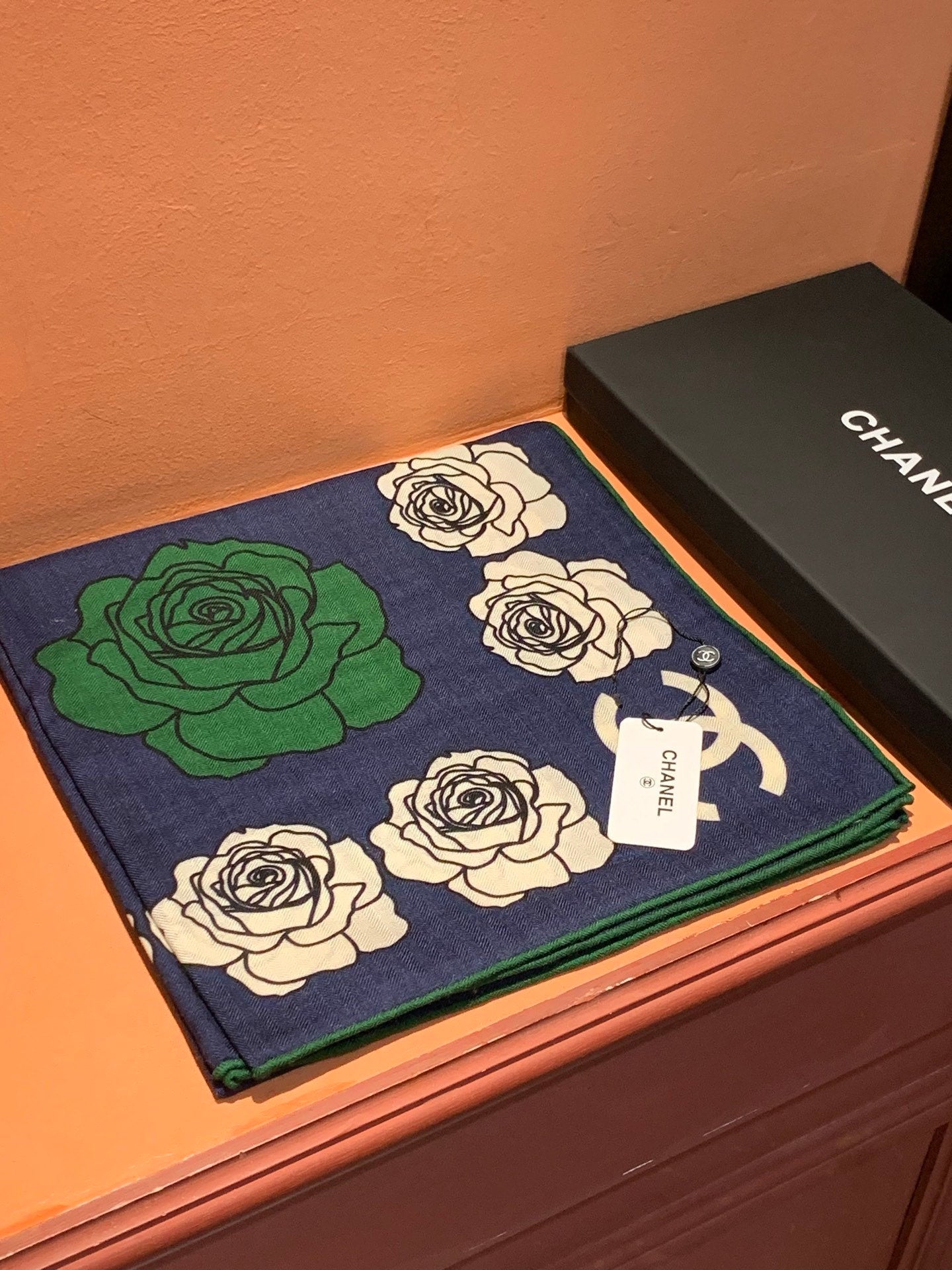 CC Camellia Scarf 140cm Navy Blue Colorful Cashmere Silk 168122