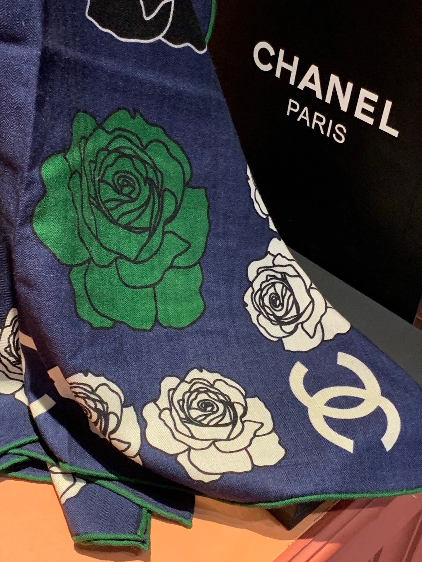 CC Camellia Scarf 140cm Navy Blue Colorful Cashmere Silk 168122
