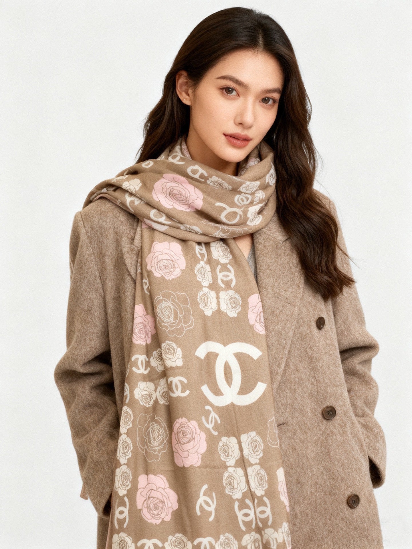 CC Camellia Scarf 140cm Beige Colorful Cashmere Silk 168123