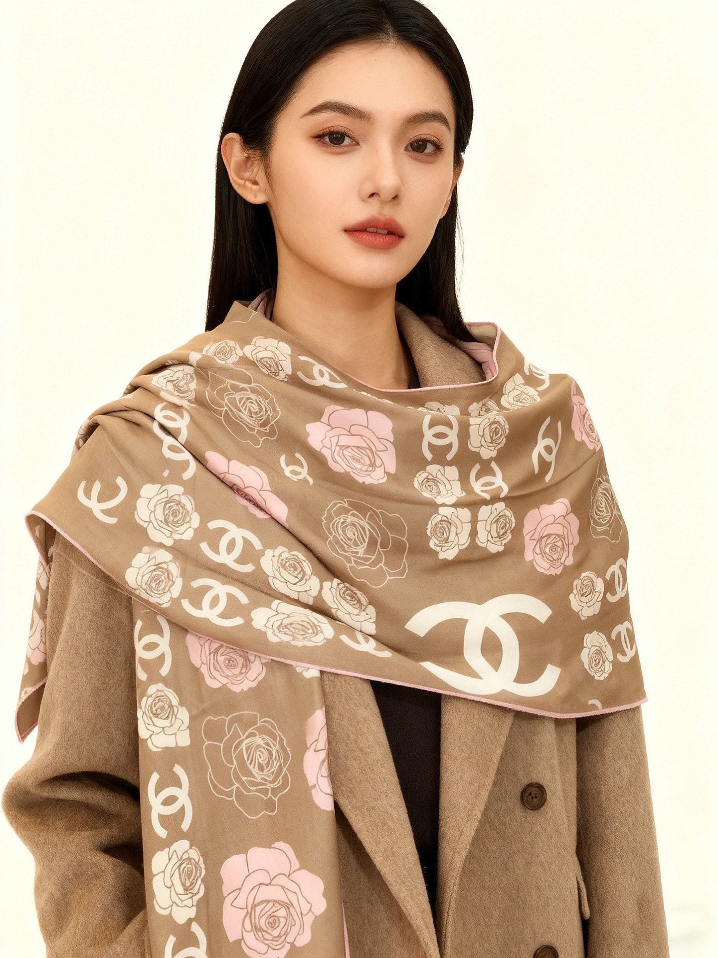 CC Camellia Scarf 140cm Beige Colorful Cashmere Silk 168123