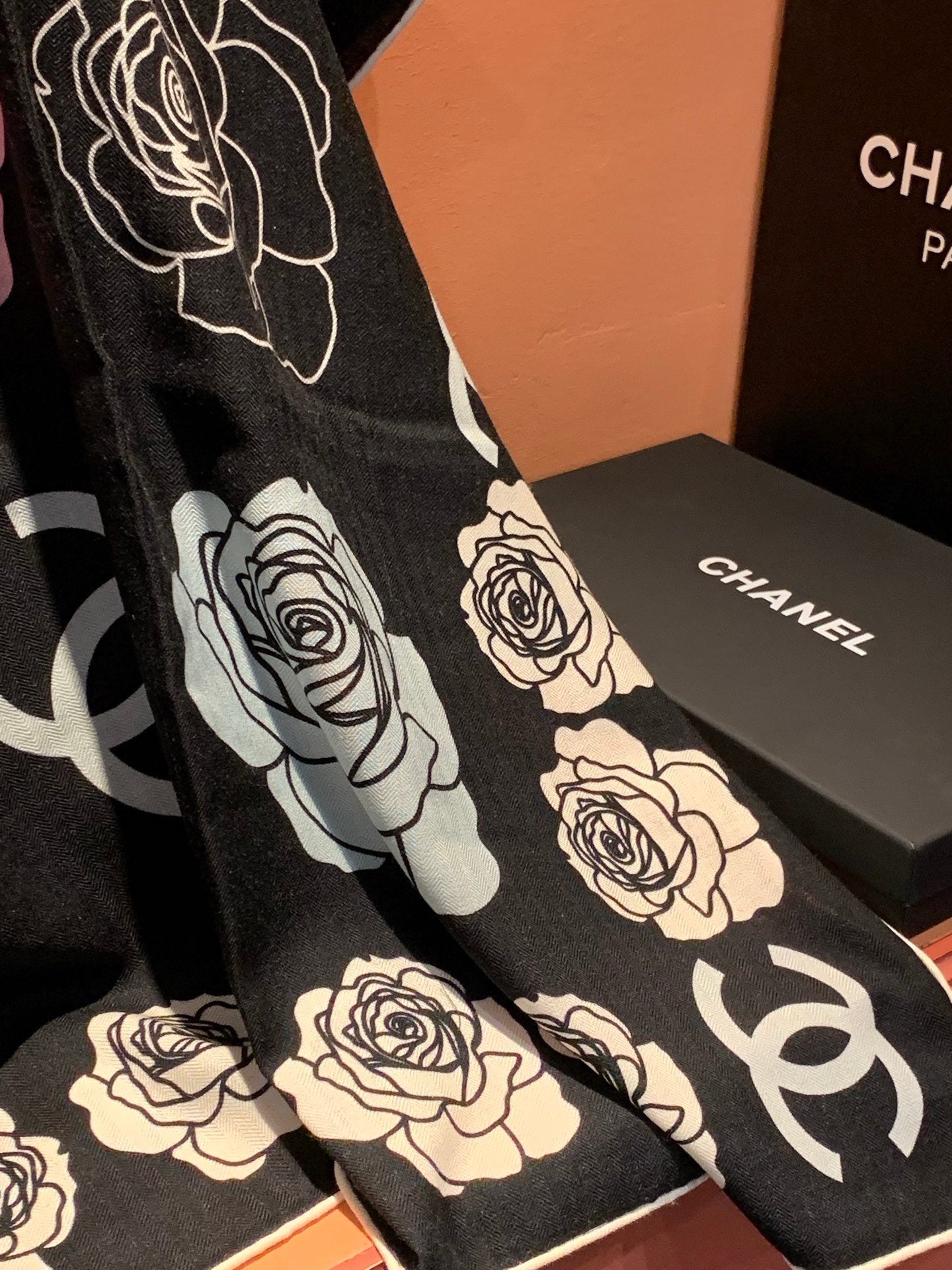 CC Camellia Scarf 140cm Black Colorful Cashmere Silk 168124