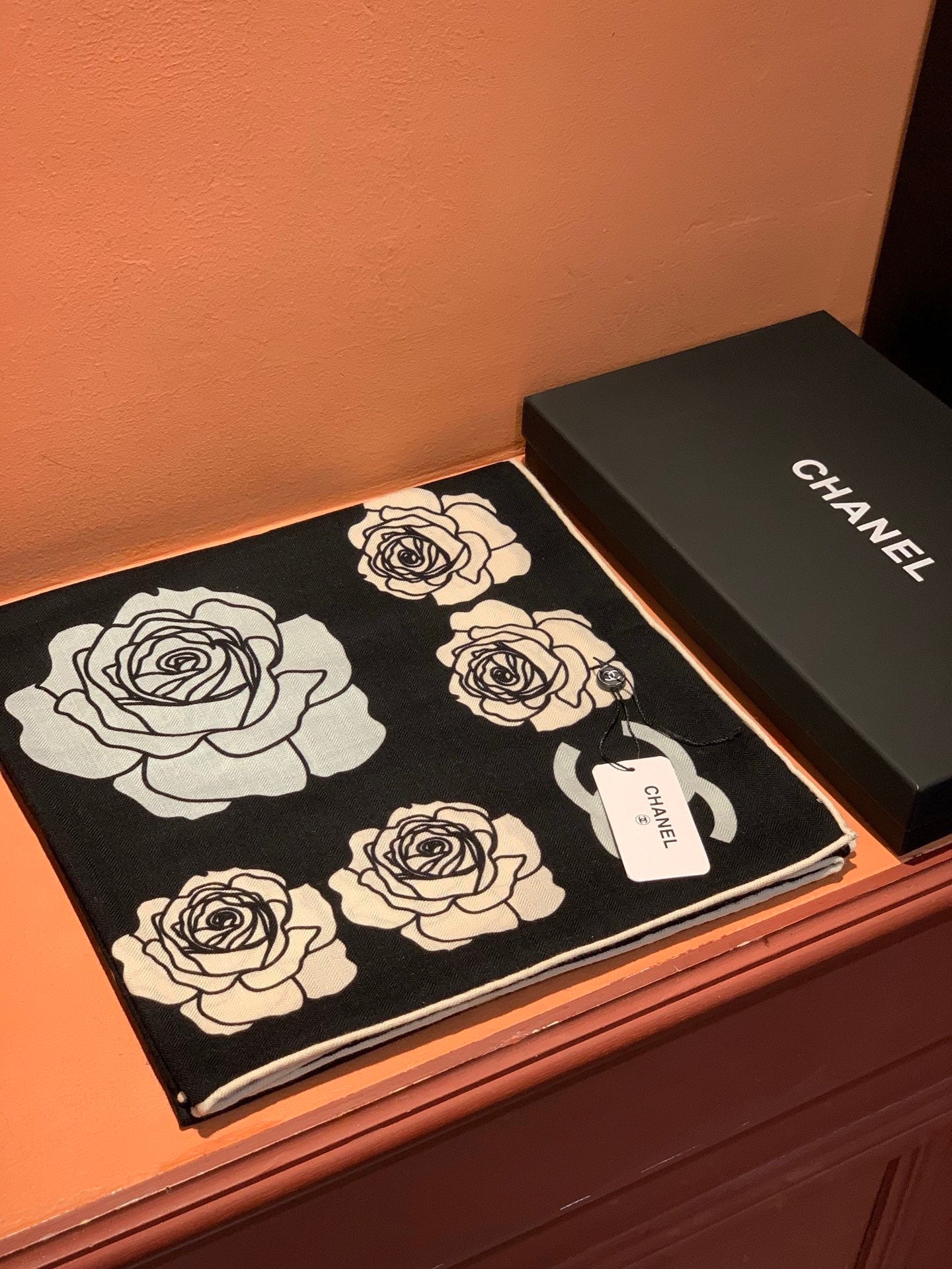 CC Camellia Scarf 140cm Black Colorful Cashmere Silk 168124
