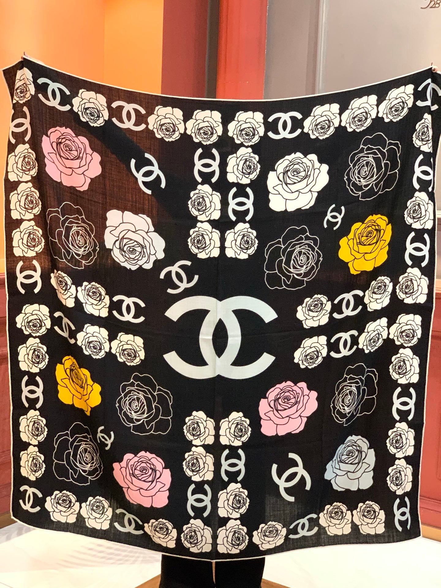 CC Camellia Scarf 140cm Black Colorful Cashmere Silk 168124