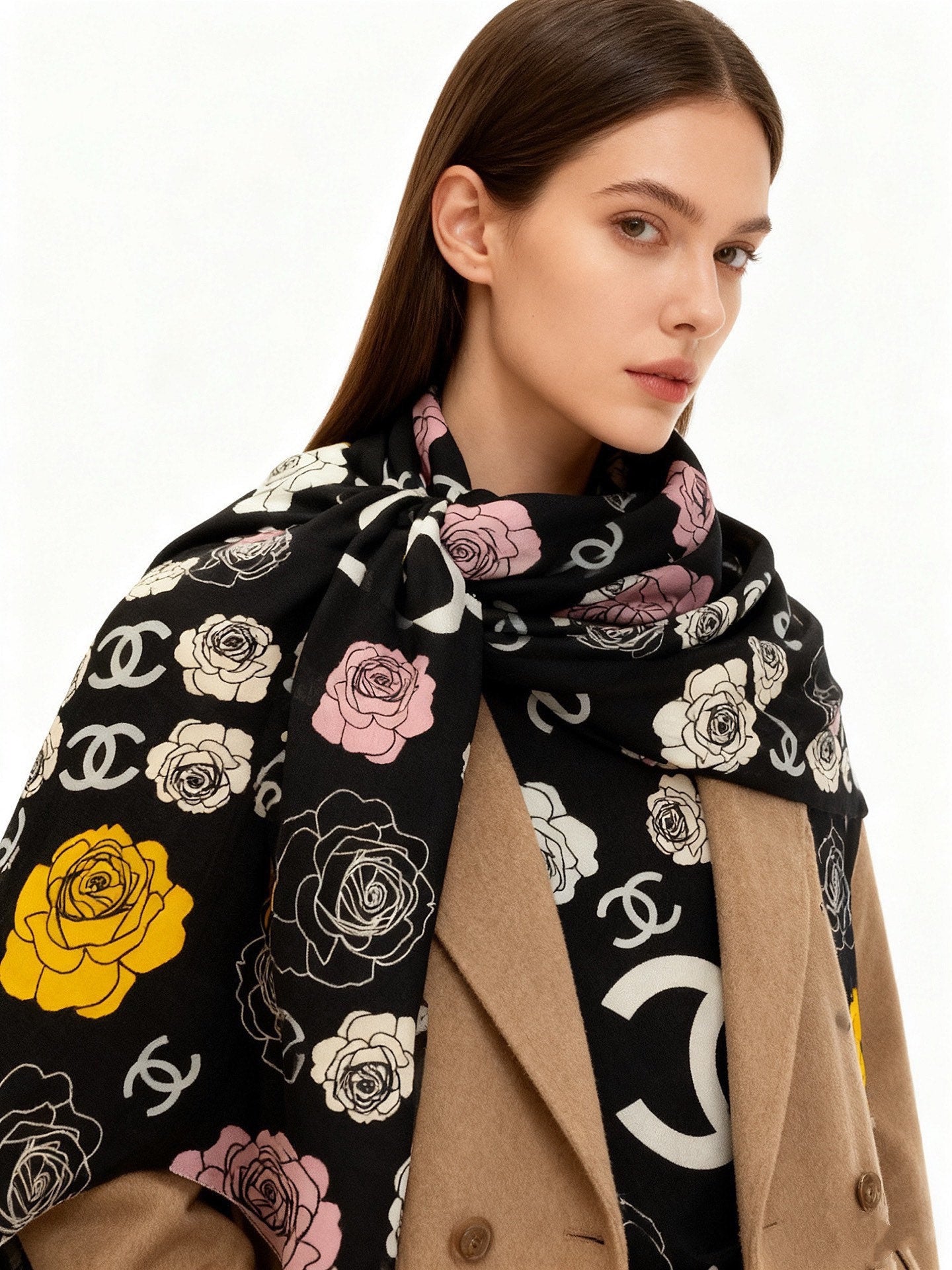CC Camellia Scarf 140cm Black Colorful Cashmere Silk 168124